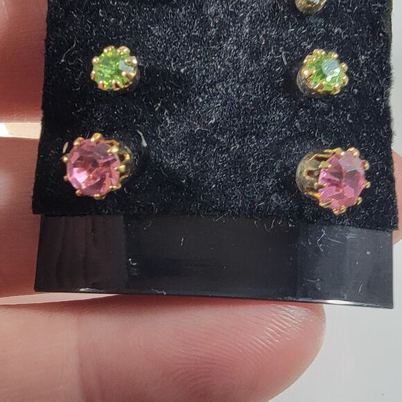 Vintage "Diamond Trio" Stud Earrings Set, 3 Pairs with Pink, Green & Blue Stones - Picture 1 of 10